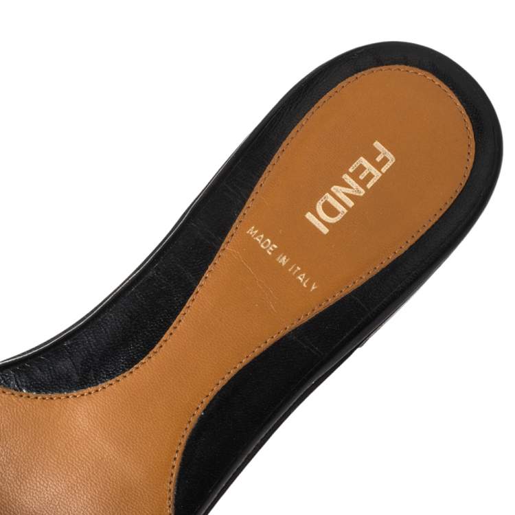 Pre Owned Fendi Brown Zucca Canvas And Black Leather Bow Flat Slides Size 40
