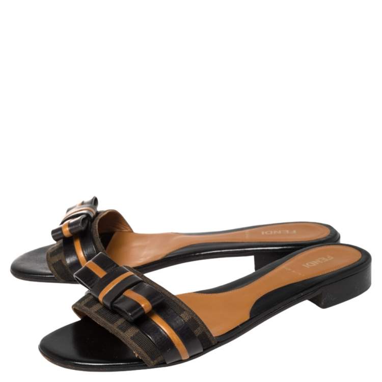 Pre Owned Fendi Brown Zucca Canvas And Black Leather Bow Flat Slides Size 40
