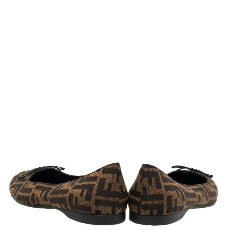 Pre Owned Fendi Brown Zucca Canvas Bow Ballet Flats Size 40