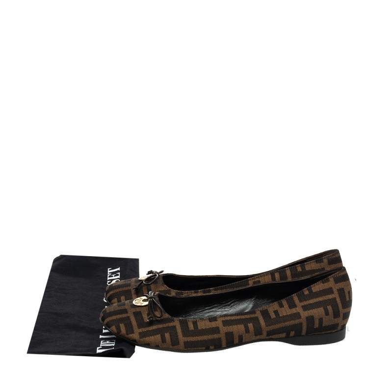 Pre Owned Fendi Brown Zucca Canvas Bow Ballet Flats Size 40
