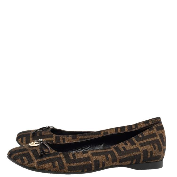 Pre Owned Fendi Brown Zucca Canvas Bow Ballet Flats Size 40