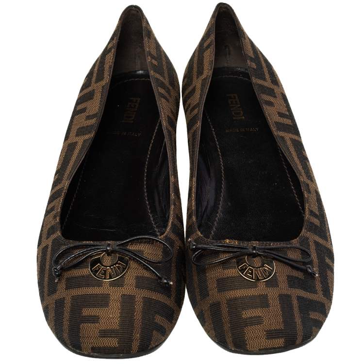 Pre Owned Fendi Brown Zucca Canvas Bow Ballet Flats Size 40