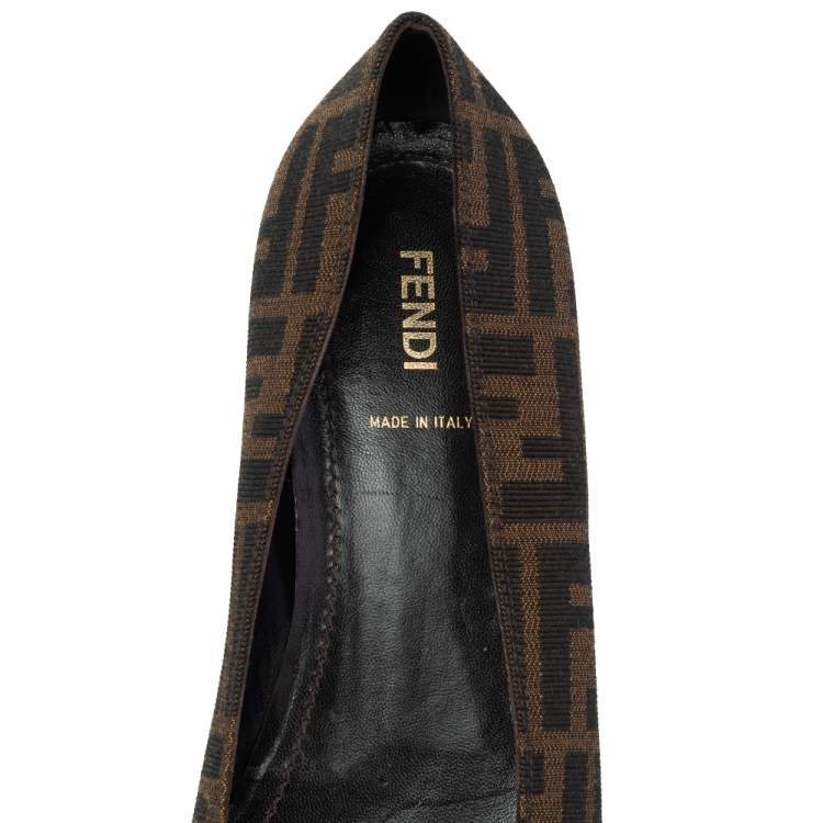 Pre Owned Fendi Brown Zucca Canvas Bow Ballet Flats Size 40