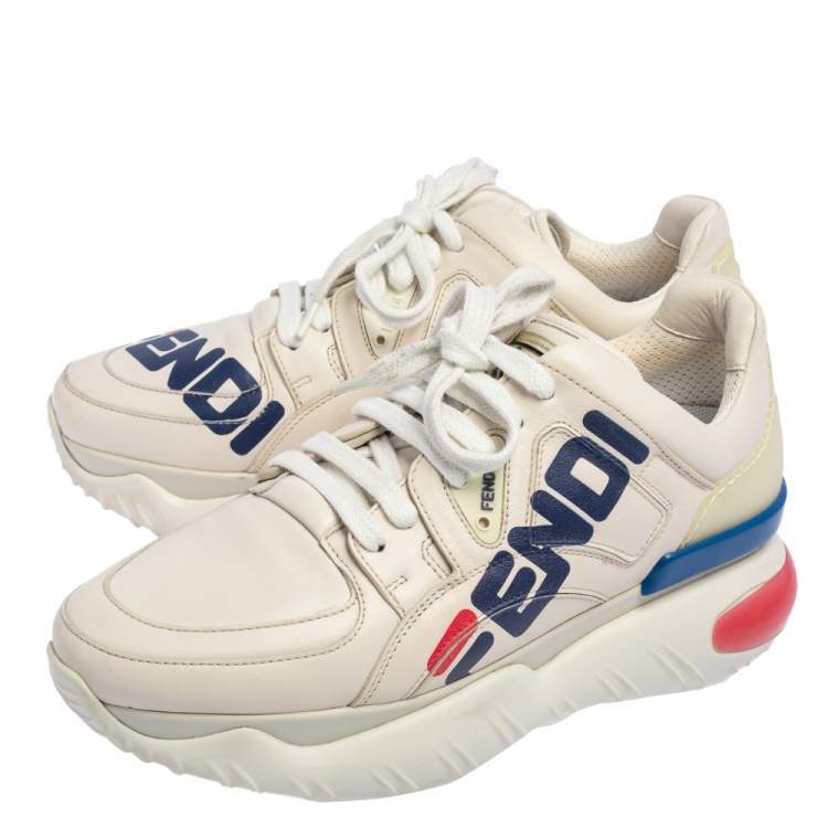 Pre Owned Fendi Cream Leather Fendi Fila Mania Logo Low Top Sneakers Size 38