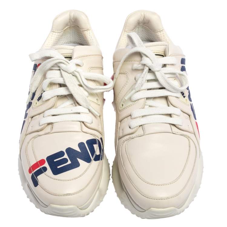 Pre Owned Fendi Cream Leather Fendi Fila Mania Logo Low Top Sneakers Size 38
