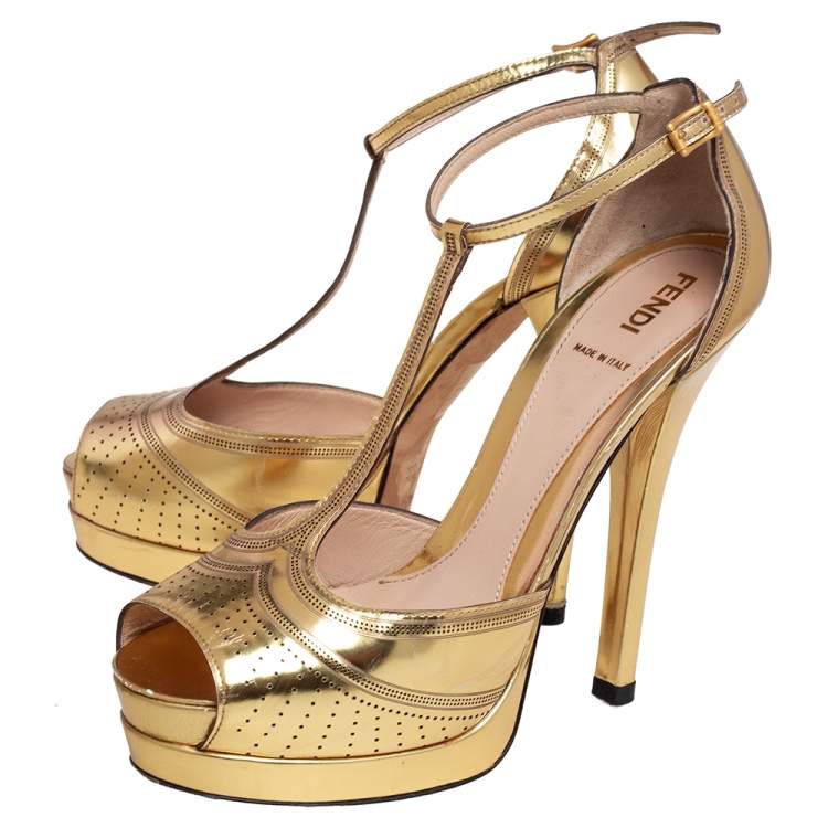 Pre Owned Fendi Gold Perforated Patent Leather T Strap Platform Sandals Size 38