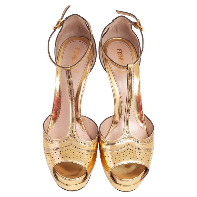Pre Owned Fendi Gold Perforated Patent Leather T Strap Platform Sandals Size 38