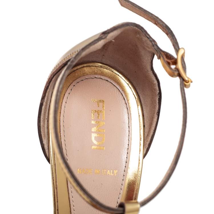 Pre Owned Fendi Gold Perforated Patent Leather T Strap Platform Sandals Size 38