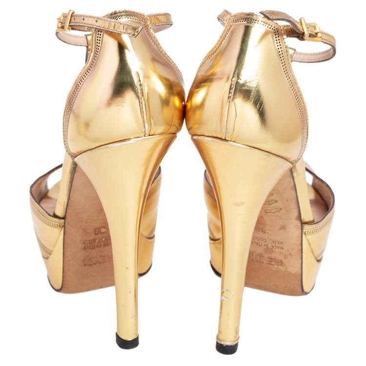 Pre Owned Fendi Gold Perforated Patent Leather T Strap Platform Sandals Size 38