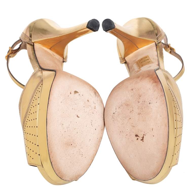 Pre Owned Fendi Gold Perforated Patent Leather T Strap Platform Sandals Size 38