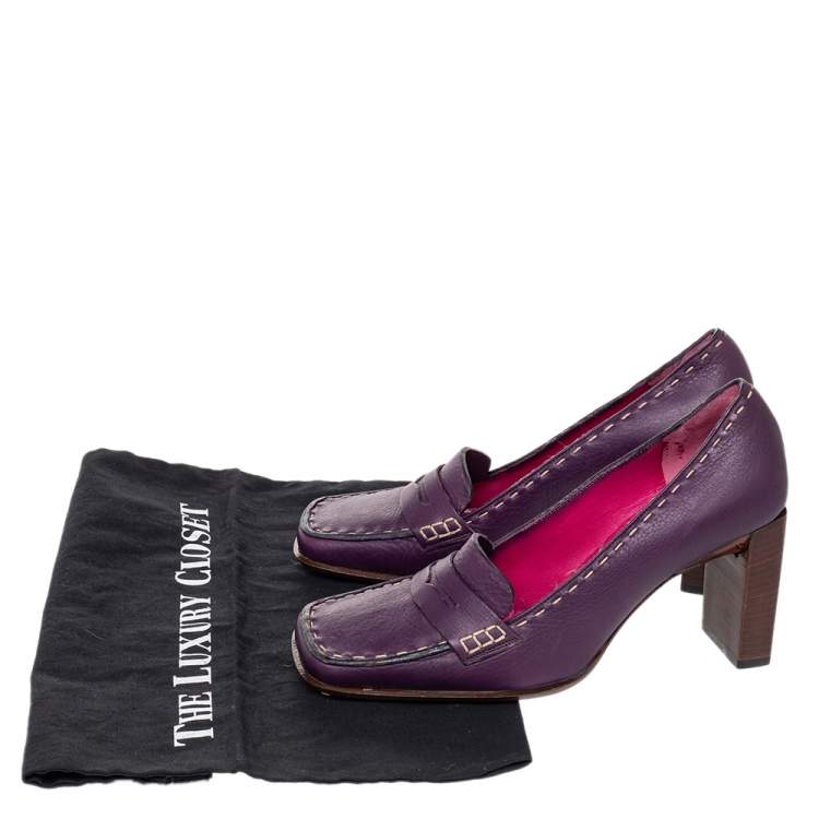 Pre Owned Fendi Purple Leather Slip on Loafers Pumps Size 37.5