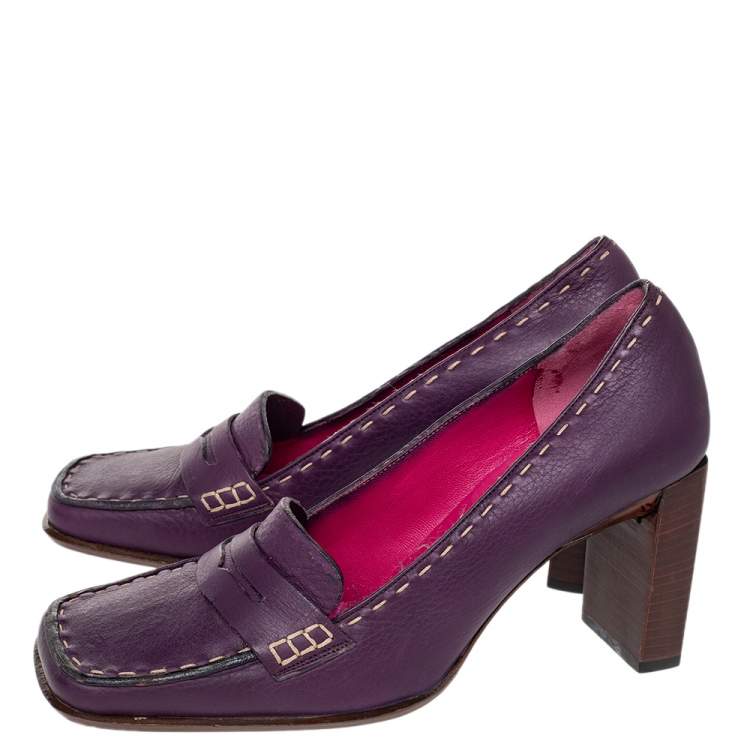 Pre Owned Fendi Purple Leather Slip on Loafers Pumps Size 37.5