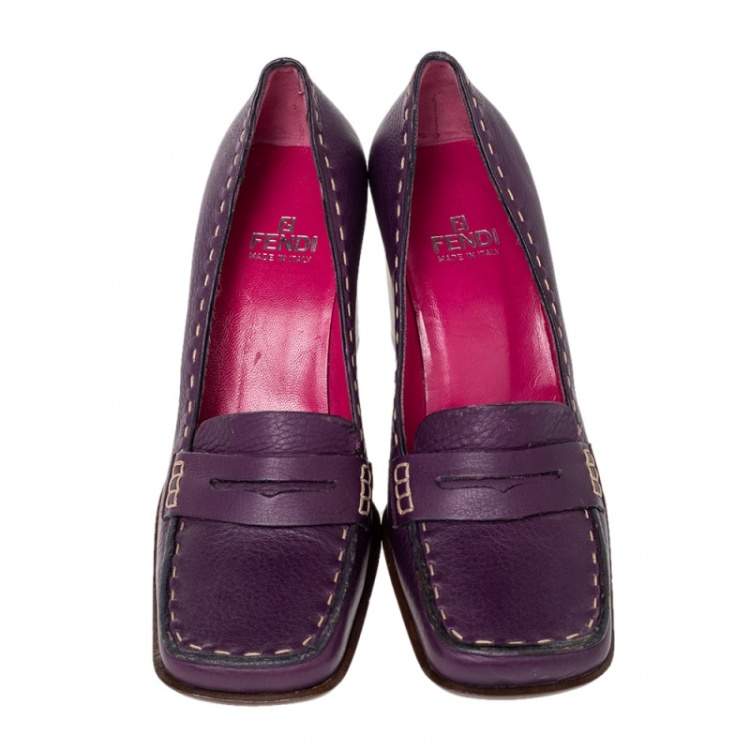 Pre Owned Fendi Purple Leather Slip on Loafers Pumps Size 37.5