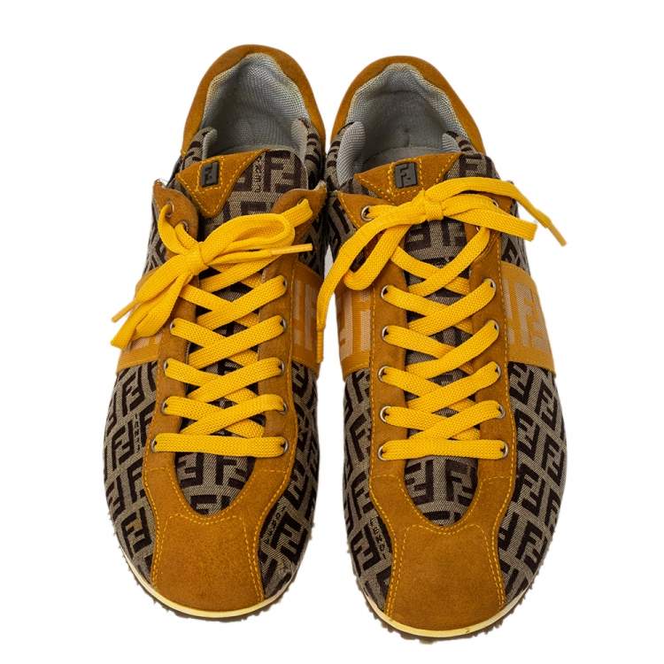 Pre Owned Fendi Brown/Yellow Zucca Canvas And Suede Low Top Sneakers Size 37.5