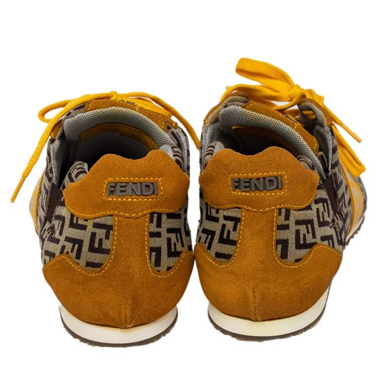 Pre Owned Fendi Brown/Yellow Zucca Canvas And Suede Low Top Sneakers Size 37.5