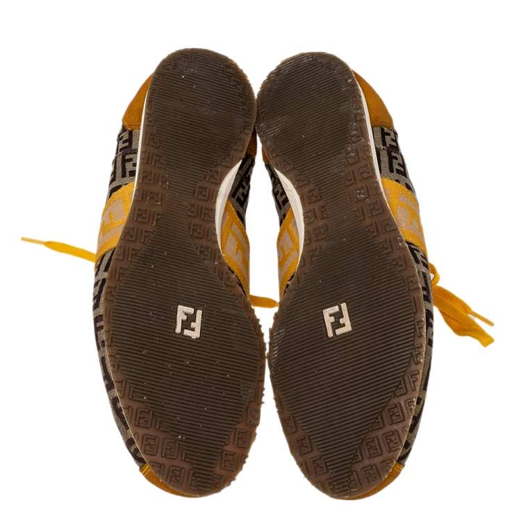 Pre Owned Fendi Brown/Yellow Zucca Canvas And Suede Low Top Sneakers Size 37.5