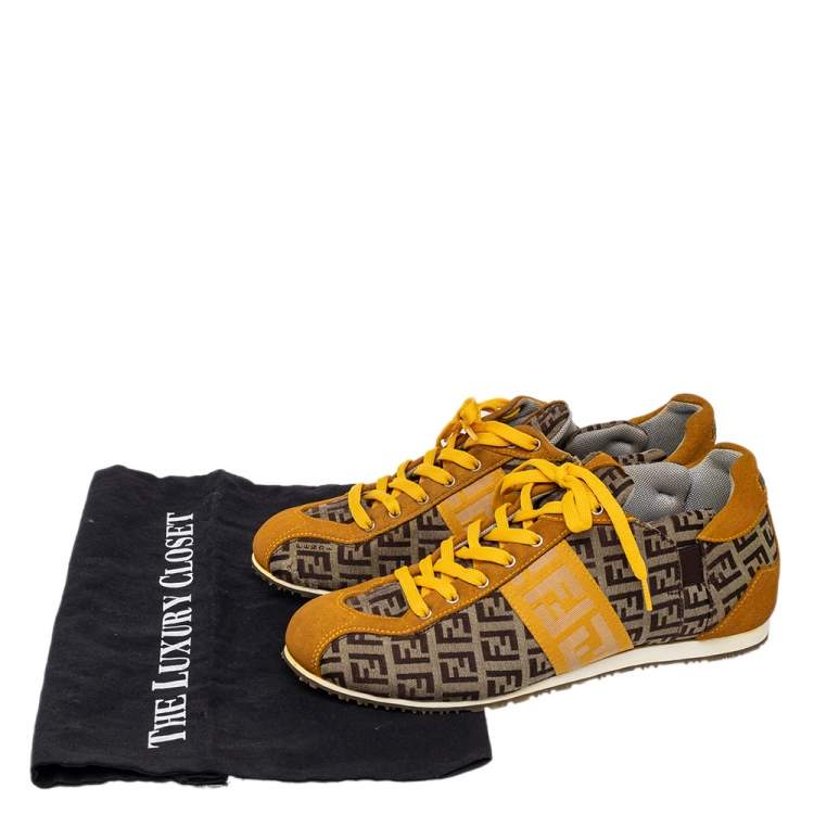 Pre Owned Fendi Brown/Yellow Zucca Canvas And Suede Low Top Sneakers Size 37.5
