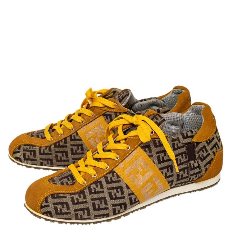 Pre Owned Fendi Brown/Yellow Zucca Canvas And Suede Low Top Sneakers Size 37.5