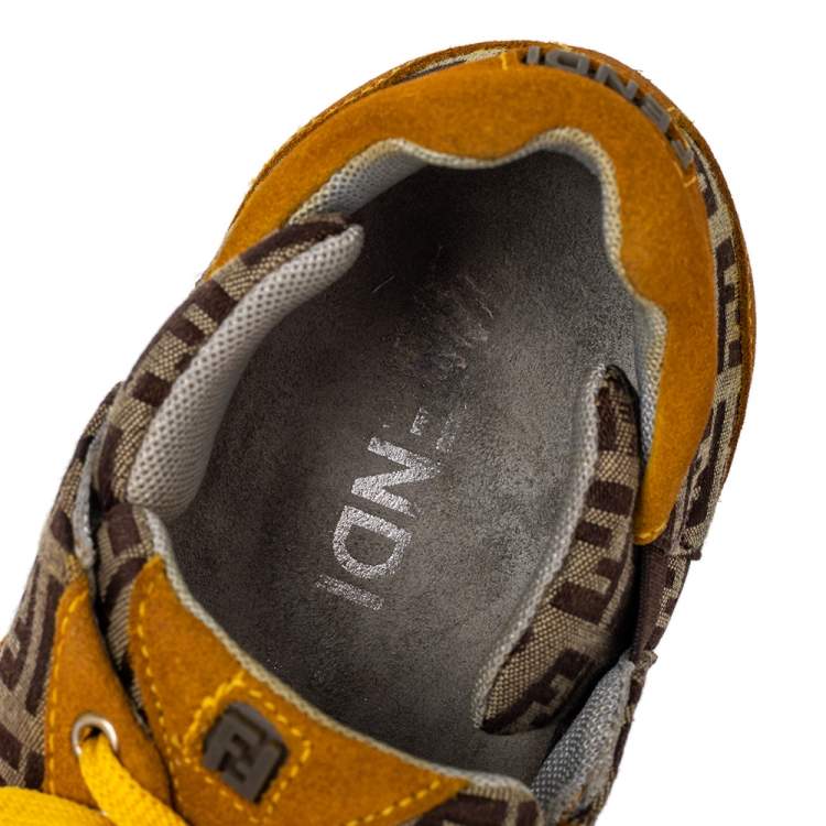 Pre Owned Fendi Brown/Yellow Zucca Canvas And Suede Low Top Sneakers Size 37.5