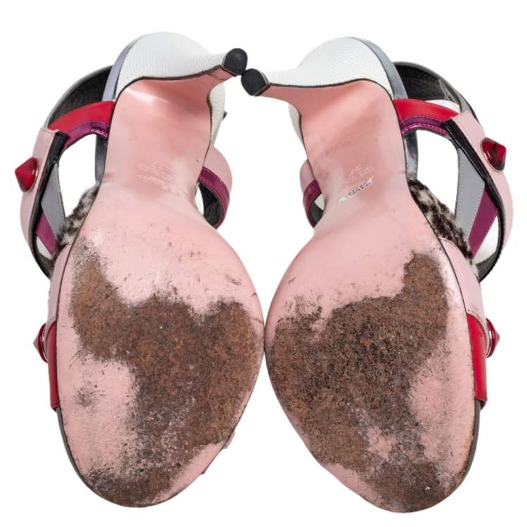 Pre Owned Fendi Multicolor Leather Embellished Peep Toe Slingback Sandals Size 37