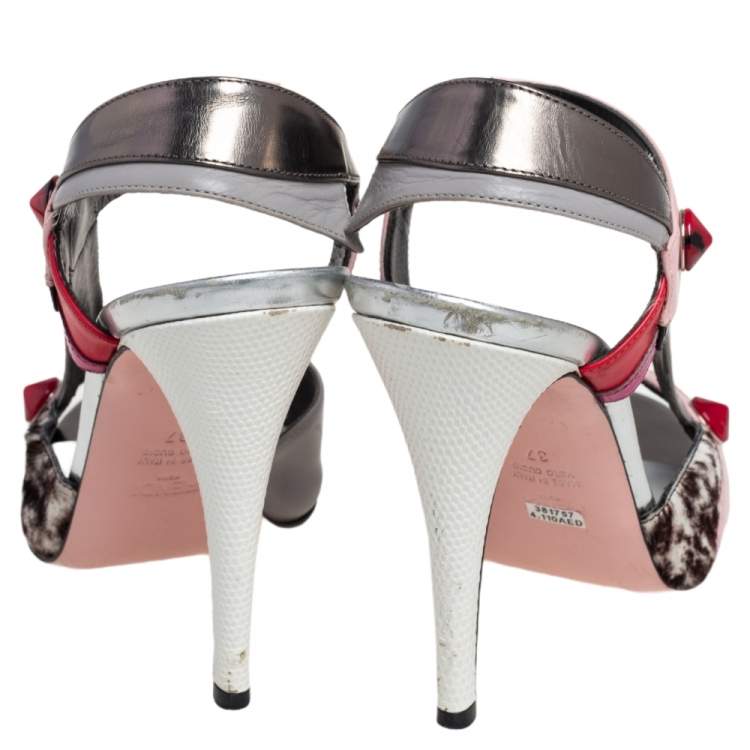 Pre Owned Fendi Multicolor Leather Embellished Peep Toe Slingback Sandals Size 37