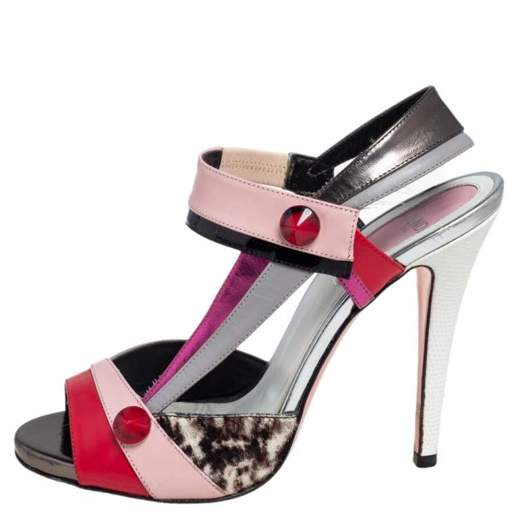 Pre Owned Fendi Multicolor Leather Embellished Peep Toe Slingback Sandals Size 37