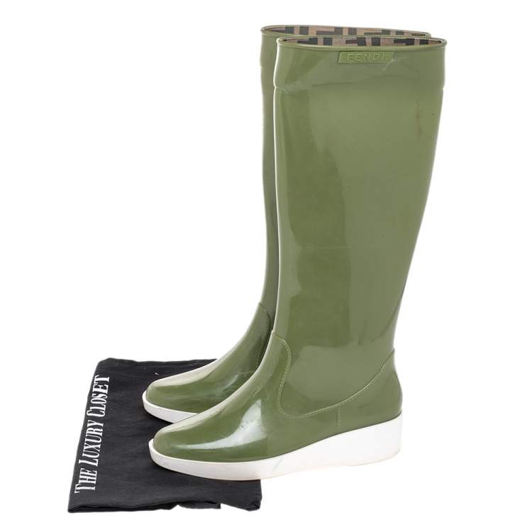 Pre Owned Fendi Green Rubber Wedge Rain Boots Size 36
