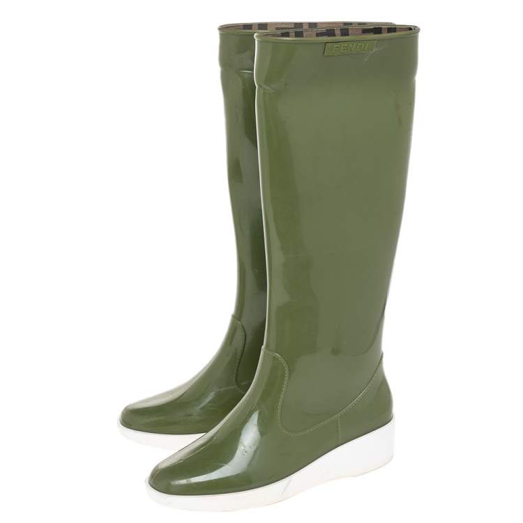 Pre Owned Fendi Green Rubber Wedge Rain Boots Size 36