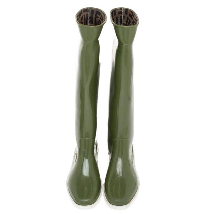 Pre Owned Fendi Green Rubber Wedge Rain Boots Size 36