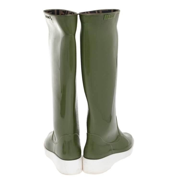 Pre Owned Fendi Green Rubber Wedge Rain Boots Size 36