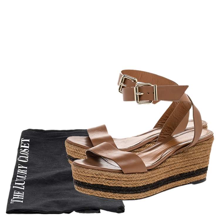 Pre Owned Fendi Brown Leather Ankle Strap Espadrille Wedge Sandals Size 38