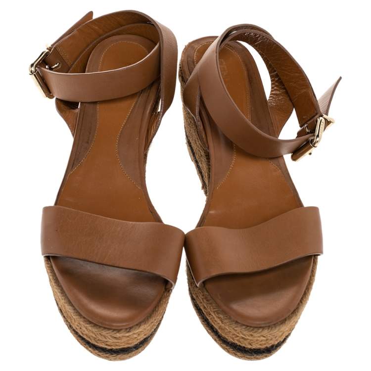 Pre Owned Fendi Brown Leather Ankle Strap Espadrille Wedge Sandals Size 38