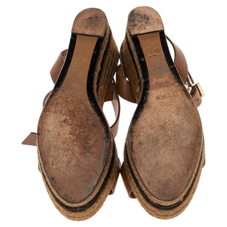 Pre Owned Fendi Brown Leather Ankle Strap Espadrille Wedge Sandals Size 38