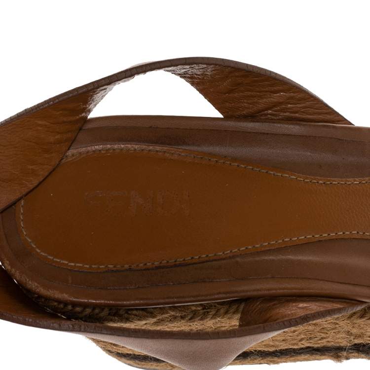 Pre Owned Fendi Brown Leather Ankle Strap Espadrille Wedge Sandals Size 38