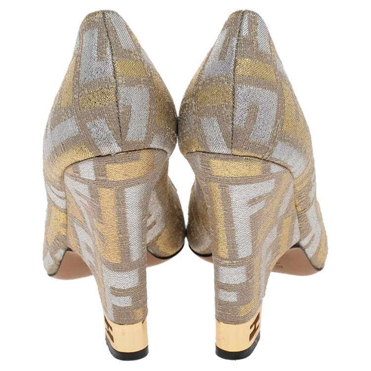 Pre Owned Fendi Gold/Silver FF Brocade Fabric Peep Toe Wedge Pumps Size 38