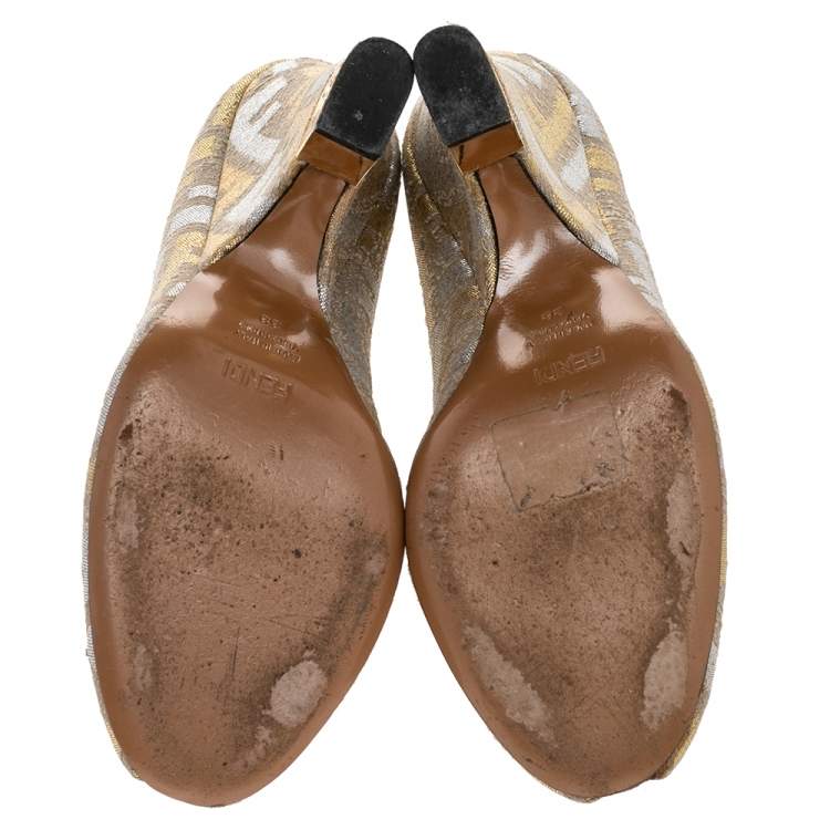Pre Owned Fendi Gold/Silver FF Brocade Fabric Peep Toe Wedge Pumps Size 38