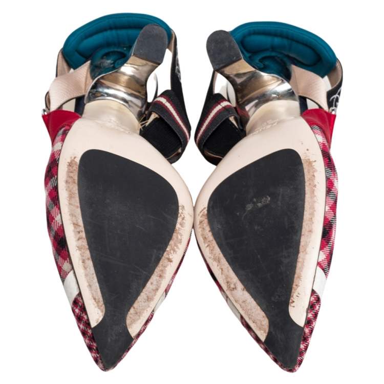 Pre Owned Fendi Multicolor Check Fabric And Nylon Colibri Slingback Sandals Size 38