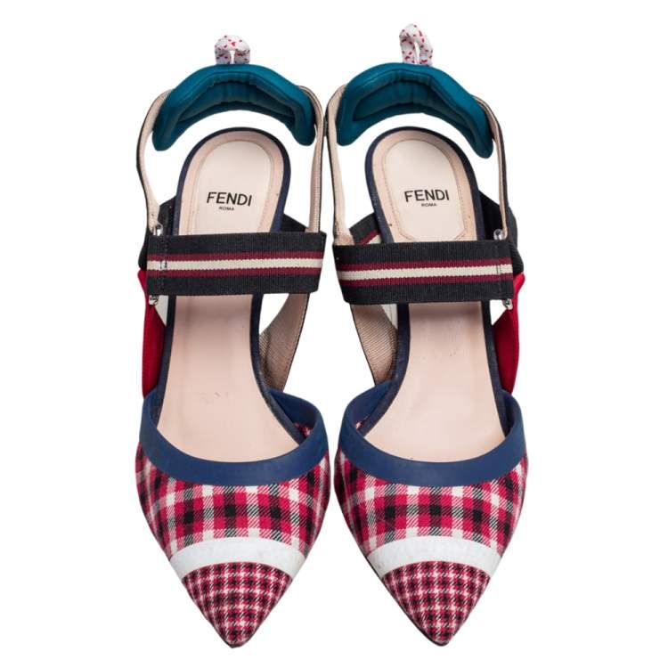 Pre Owned Fendi Multicolor Check Fabric And Nylon Colibri Slingback Sandals Size 38