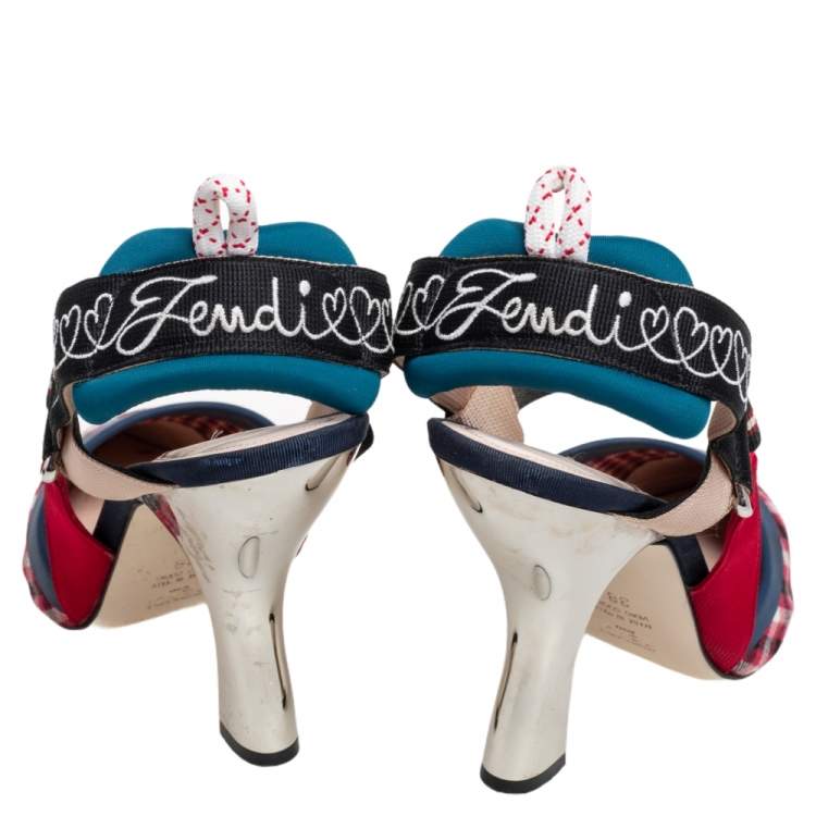 Pre Owned Fendi Multicolor Check Fabric And Nylon Colibri Slingback Sandals Size 38