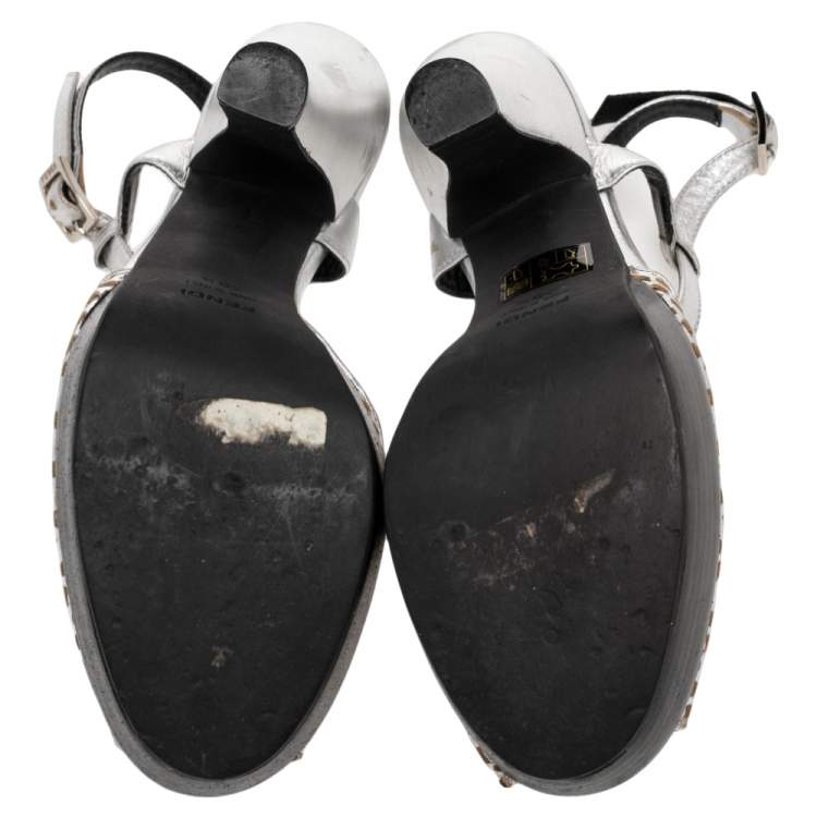 Pre Owned Fendi Metallic Silver Laser-Cut Leather T-Strap Peep Toe Platform Sandals Size 38.5