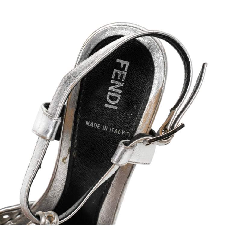 Pre Owned Fendi Metallic Silver Laser-Cut Leather T-Strap Peep Toe Platform Sandals Size 38.5