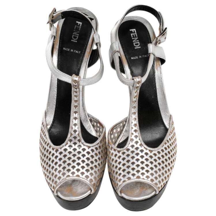 Pre Owned Fendi Metallic Silver Laser-Cut Leather T-Strap Peep Toe Platform Sandals Size 38.5