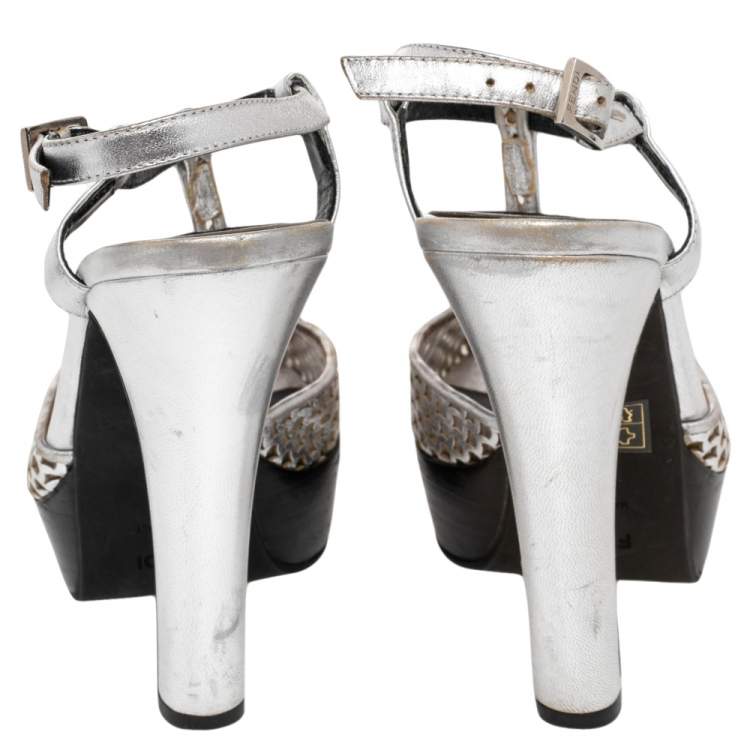 Pre Owned Fendi Metallic Silver Laser-Cut Leather T-Strap Peep Toe Platform Sandals Size 38.5