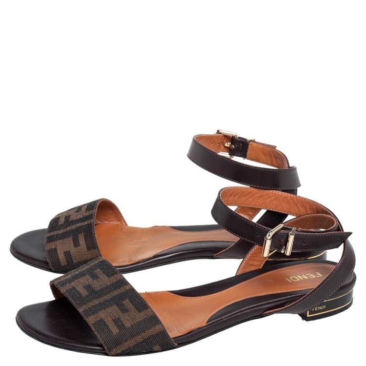 Pre Owned Fendi Tobacco Zucca Canvas and Leather Ankle Strap Flat Sandals Size37