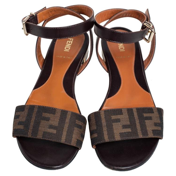 Pre Owned Fendi Tobacco Zucca Canvas and Leather Ankle Strap Flat Sandals Size37