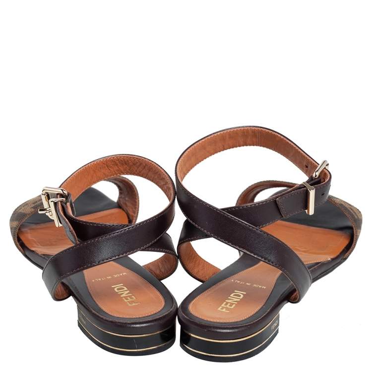 Pre Owned Fendi Tobacco Zucca Canvas and Leather Ankle Strap Flat Sandals Size37