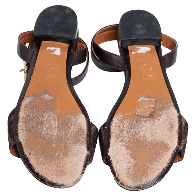 Pre Owned Fendi Tobacco Zucca Canvas and Leather Ankle Strap Flat Sandals Size37