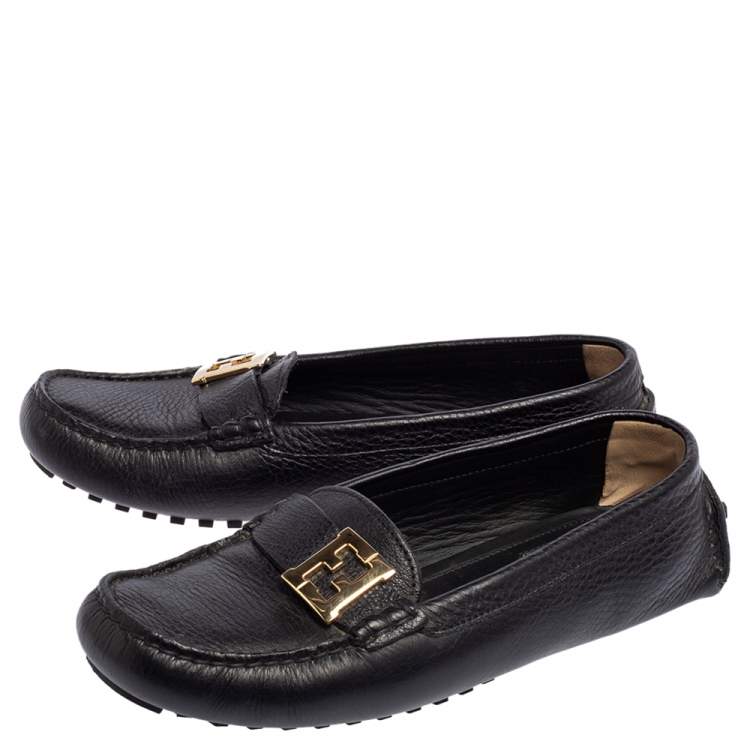 Pre Owned Fendi Black Leather FF Slip On Loafers Size 38.5