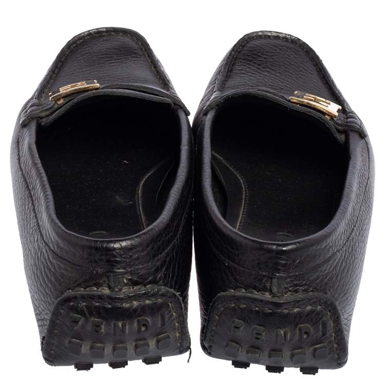Pre Owned Fendi Black Leather FF Slip On Loafers Size 38.5
