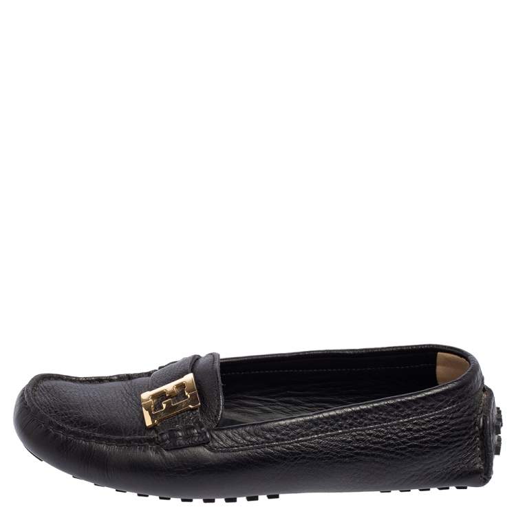 Pre Owned Fendi Black Leather FF Slip On Loafers Size 38.5